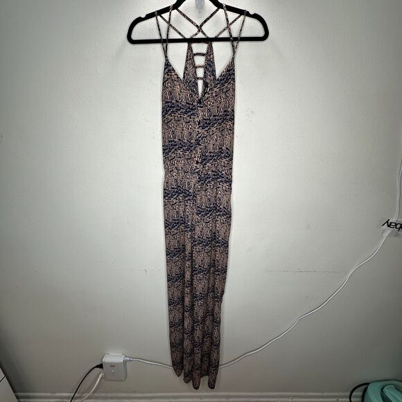 Fora Tan & Navy Front Button Strappy Decorative Back Wide Leg Jumpsuit Small - Picture 2 of 16